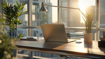 Fototapeta premium Modern Office Desk with Laptop and Plants
