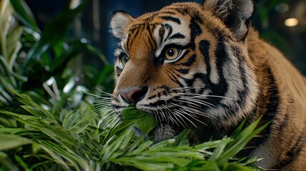 Obraz premium A close-up of a tiger resting among lush green plants, showcasing its majestic features.