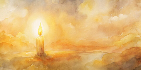 Serene watercolor painting of a glowing candle