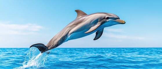 A dolphin jumping gracefully out of the ocean under a clear blue sky.
