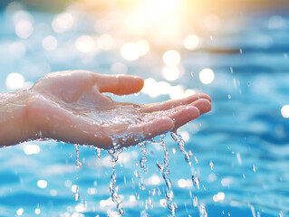Fototapeta premium Water pouring on hand in morning ligth background