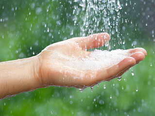 Fototapeta premium Water pouring on hand in morning ligth background