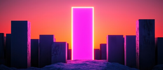 A glowing pink portal surrounded by abstract stone structures at sunset.
