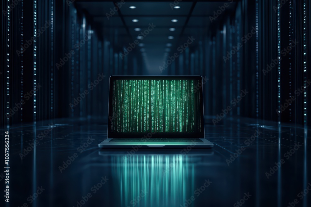 Poster a laptop displaying green code in a dark server room, symbolizing data processing and cyber security