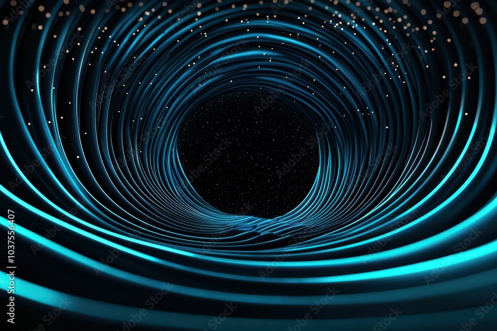 Poster a mesmerizing abstract tunnel with glowing blue lines and sparkling particles against a dark backgro