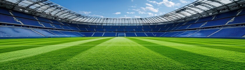 A panoramic view of a modern stadium with vibrant green grass and blue seating under a clear sky.