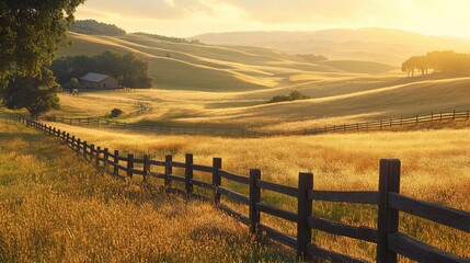 Fototapeta premium Golden Hour in the Countryside: A rustic wooden fence winds through rolling hills bathed in the golden glow of a setting sun, creating a serene and picturesque landscape. 