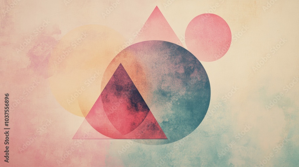 Poster soft pastel hues blend together as overlapping circles and triangles create a harmonious abstract co