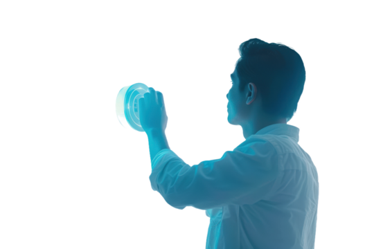 Man Testing AI Security Alarm Isolated Transparent