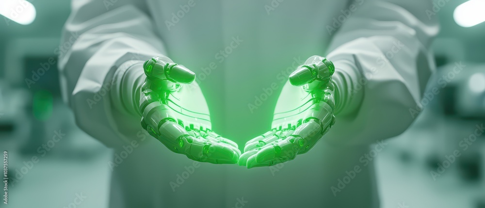 Poster a view of robotic hands cupping a glowing green object in a modern laboratory setting.
