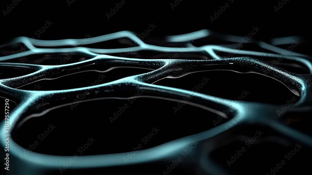 Poster abstract close-up of a futuristic mesh structure with glowing edges on a dark background.