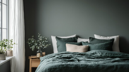 Bedroom Interior with Soft Grey Walls and Forest Green Bedding, Modern and Cozy Minimalist Design for Home Decor