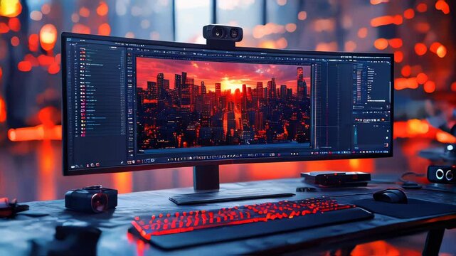 A modern editing desk featuring an ultra-wide monitor displaying a cityscape sunset. The warm orange hues create a dramatic effect in a professional creative workspace