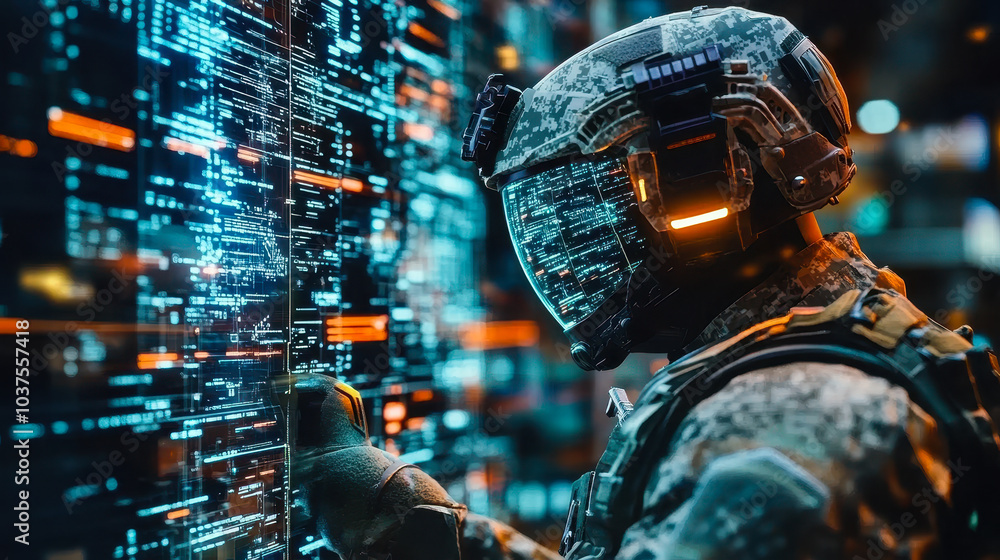 Poster futuristic soldier in advanced combat gear with digital interface and data streams highlighting high