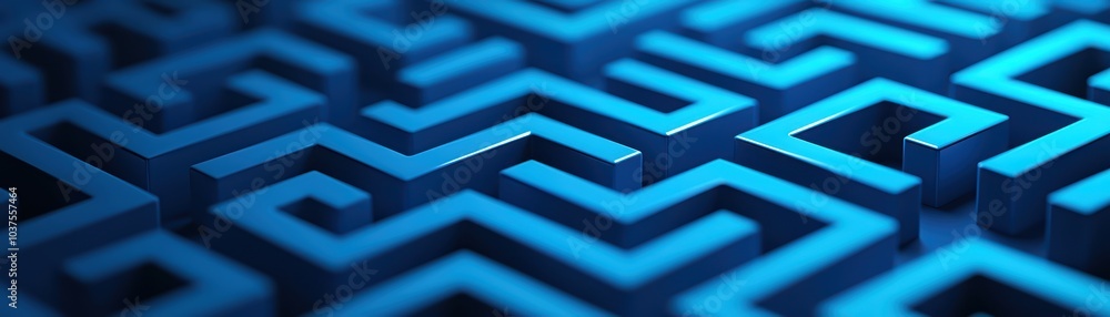 Poster abstract maze pattern in blue tones, modern design, three-dimensional effect, intricate structure.