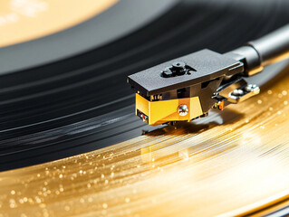 
Turntable arm on golden Vinyl record rotating in a macro shot