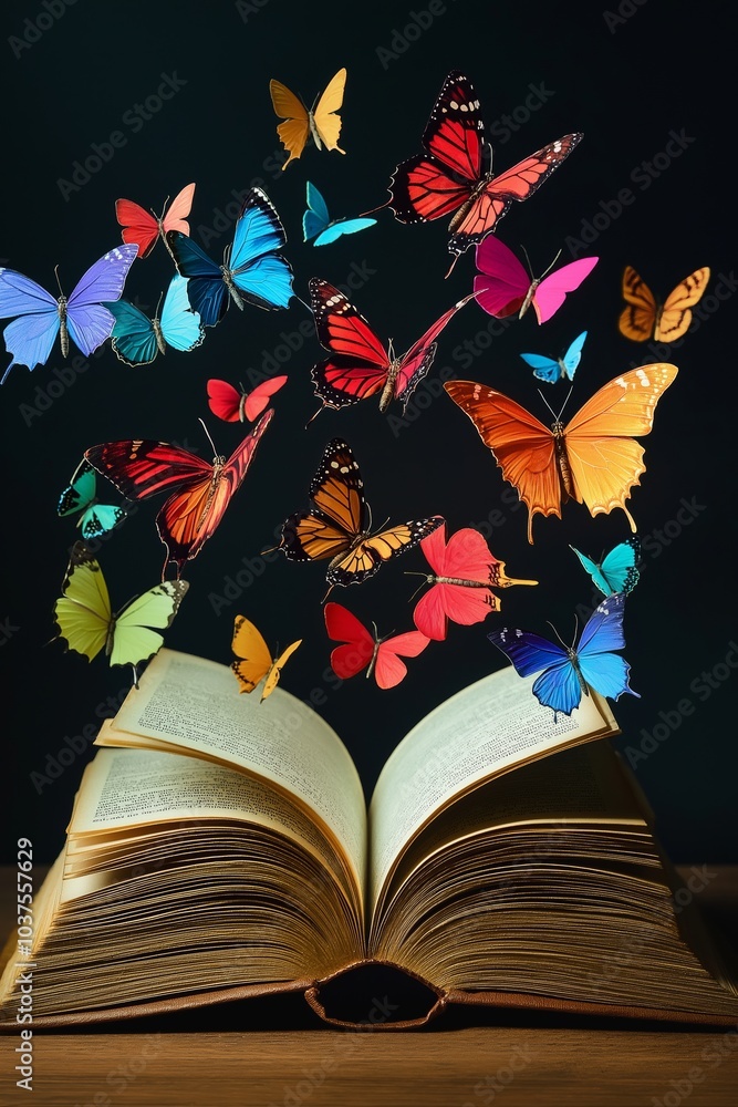 Poster a book is open to a page with a butterfly on it. the butterfly is surrounded by many other butterfli