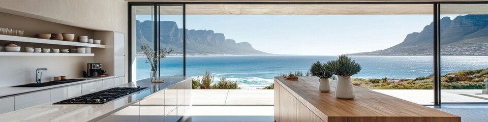 A kitchen with a large window overlooking the ocean