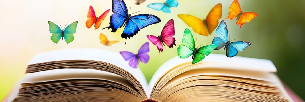 A book with a butterfly on the cover. The butterflies are flying out of the book. The book is open to the middle