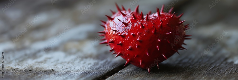 Poster a heart with red spikes on it is on a wooden surface. the spikes give the heart a prickly and rough 