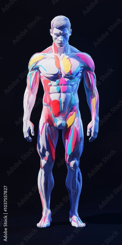 Poster a man with colorful muscles stands in front of a black background. the image is a representation of 