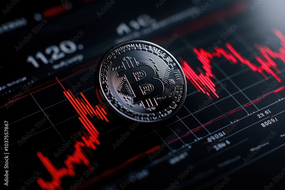 Poster bitcoin coin placed on a digital trading chart showing fluctuating red lines.
