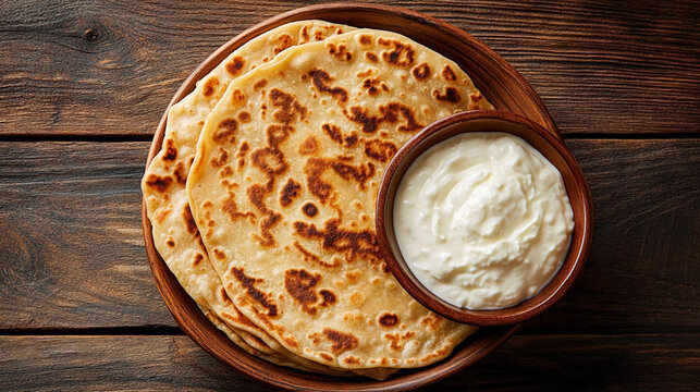 paratha served with dahi top view, indian breakfast