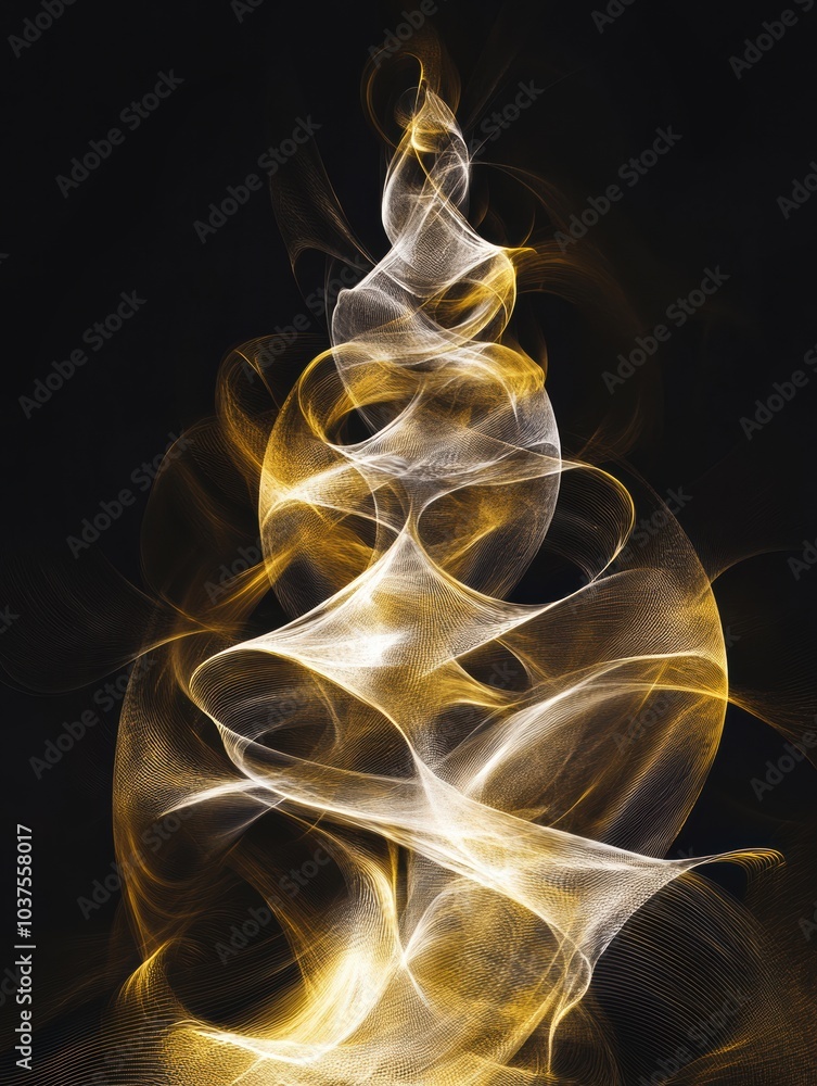 Poster swirling patterns create an abstract christmas tree in shimmering gold hues, evoking the spirit of h