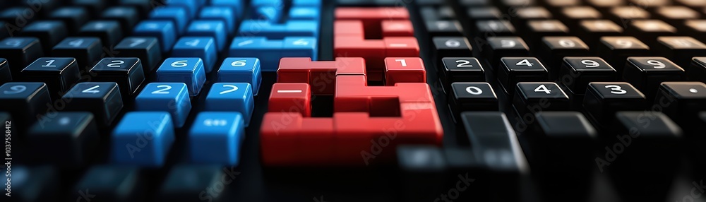 Aufkleber close-up of a colorful computer keyboard with blue and red keys on a dark background.