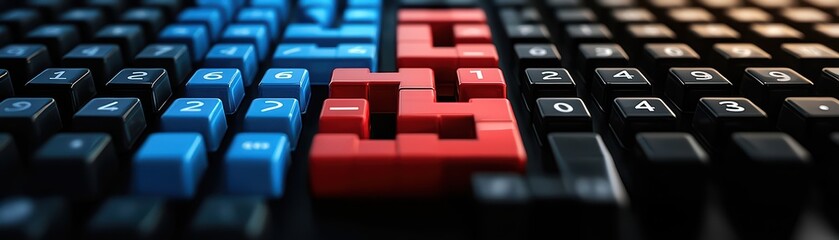 Obraz premium Close-up of a colorful computer keyboard with blue and red keys on a dark background.