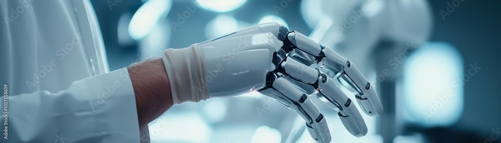 Poster close-up of a robotic hand showcasing advanced mechanical features.