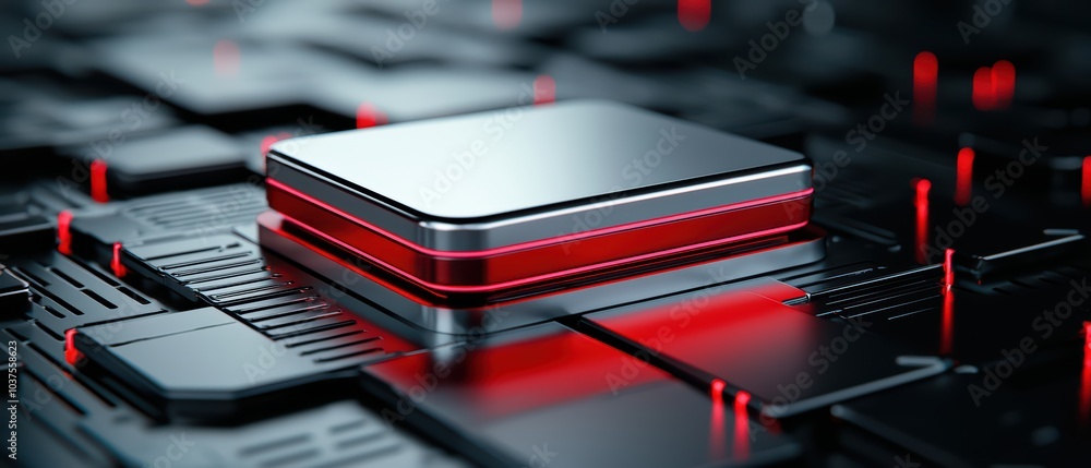 Aufkleber close-up of a sleek microprocessor on a circuit board, with glowing red accents and a dark backgroun