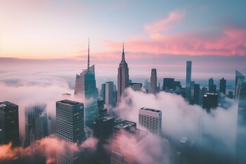Skyscrapers emerging through a dreamy pink and blue misty sunrise over the iconic city skyline