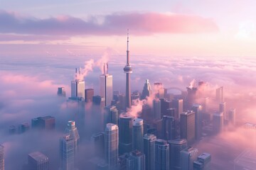 Iconic city skyline emerging through pastel-colored clouds at sunrise, featuring skyscrapers and a tall tower in a tranquil, atmospheric view