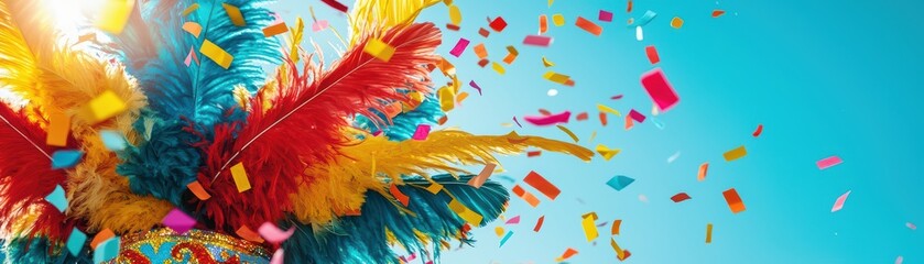 Colorful feathers and confetti celebrating a festive atmosphere against a vibrant blue sky.