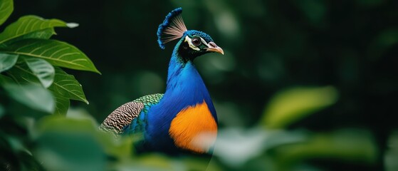 Colorful peacock perched among lush green foliage in a vibrant natural setting.