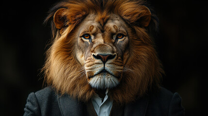 Fototapeta premium Lion in Business Suit Corporate Portrait - Conceptual Animal Photography Depicting Leadership, Strength, and Professionalism