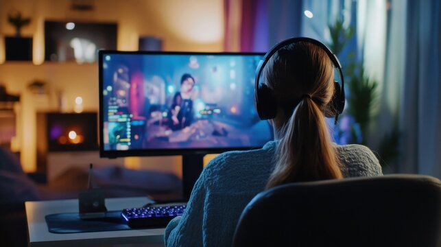 A person streaming a live gaming session with an audience on a desktop computer, Modern lifestyle scene, Gaming style