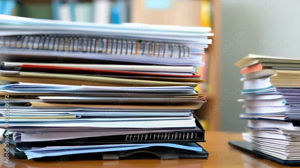 Poster organized stacks of documents and papers on wooden desk enhancing productivity and order in your off