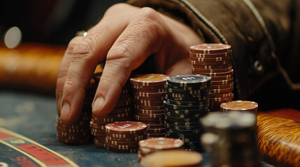 A shot of a gambler's hand pushing a large stack of chips across the table in a high-stakes bet