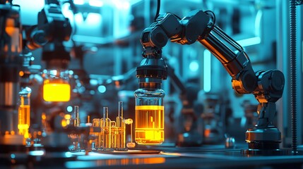 Robotic arm with glowing orange liquid in a glass container.