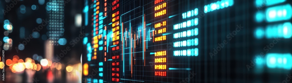 Poster financial data visualization with graphs and charts on a digital display.