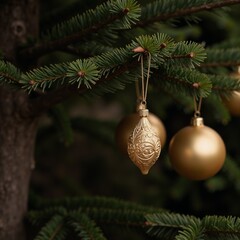 Gold ornaments adorn a tree