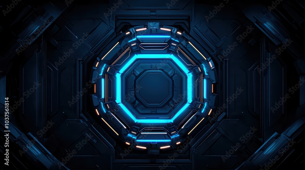 Poster futuristic blue illuminated hexagonal pattern on dark background, perfect for sci-fi and tech themes