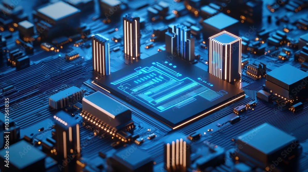 Poster futuristic circuit board with glowing microchip and architectural elements, on a dark blue backgroun