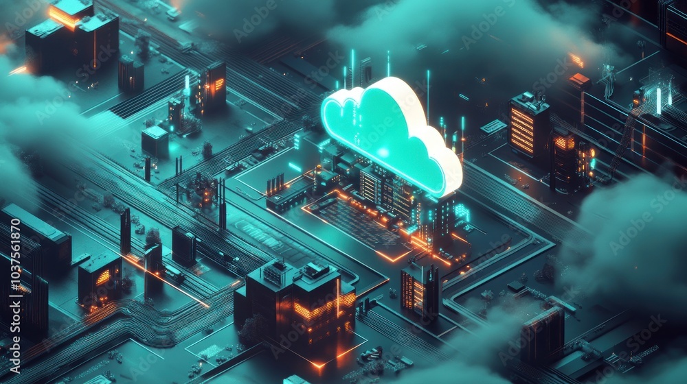 Poster futuristic cityscape with a glowing cloud symbolizing digital connectivity and technology.