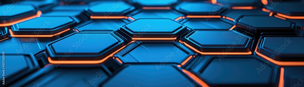 Poster futuristic hexagonal pattern featuring glowing blue and orange elements on a textured surface.