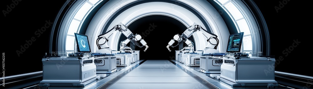 Poster futuristic robotic arms in a sleek, high-tech environment with advanced computers and glowing lights