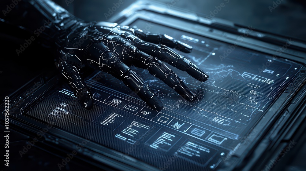 Poster futuristic robotic hand interacting with a digital interface, symbolizing advanced technology and in