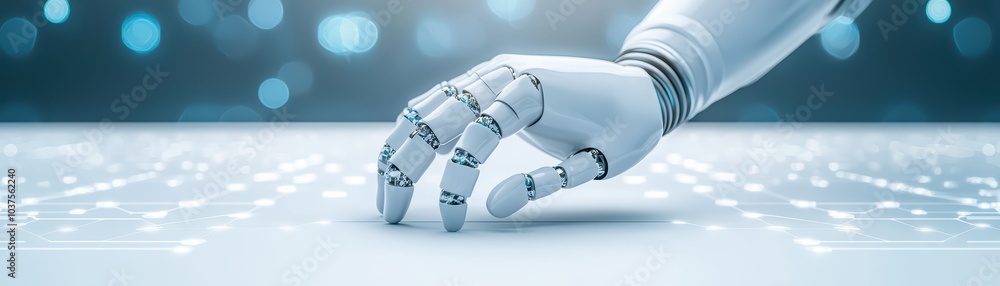Poster futuristic robotic hand reaching out on digital background, exploring artificial intelligence concep